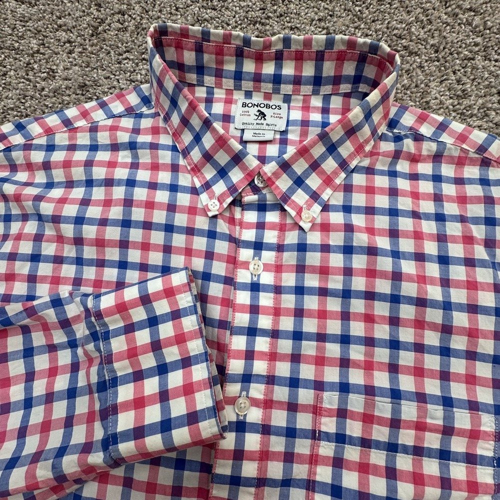 Bonobos Men's Size XL Long Dress Shirt Standard Fit Pink Blue Check Long Sleeve